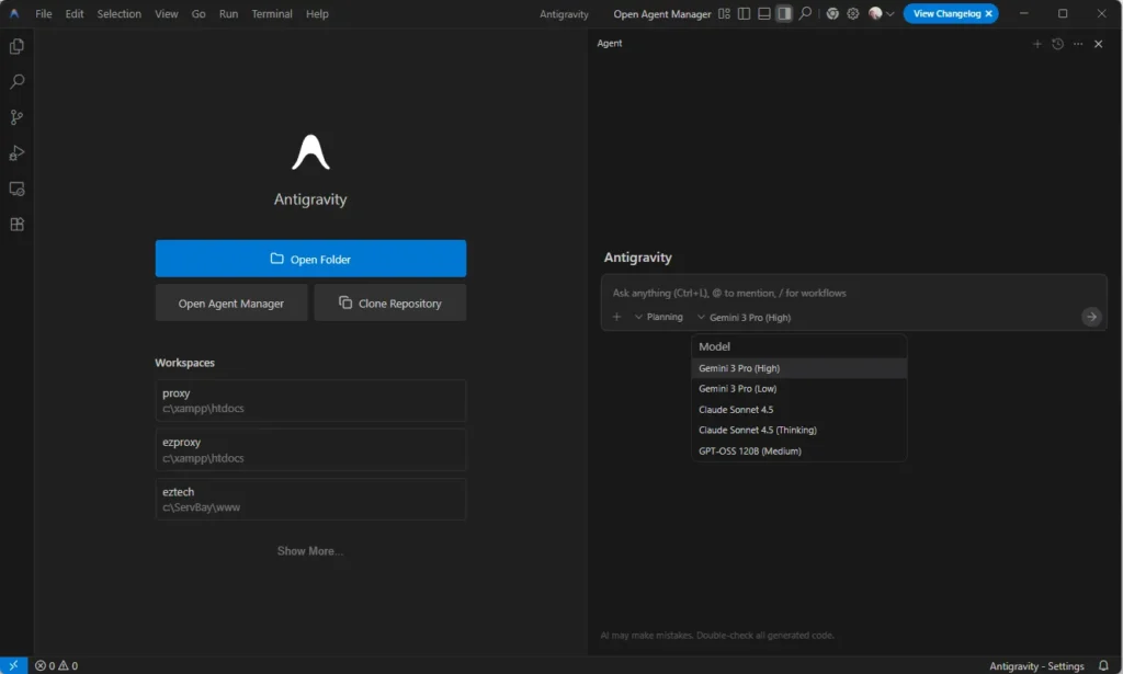 Google Antigravity hỗ trợ nhiều AI khác nhau: Gemini 3 Pro, Claude Sonet 4.5, GPT-OSS